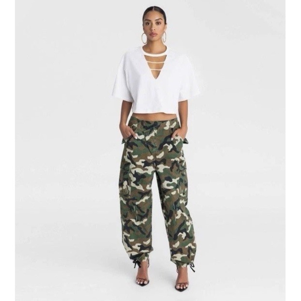 Camo Cargo Drawstring Jogger Pants - Women's Green Camouflage